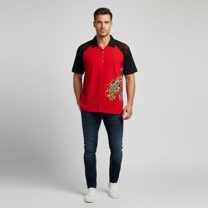 JNCO JEANS Shirt Men's Size L Red Black Button-Up Short Sleeve DRagon wrap aroun